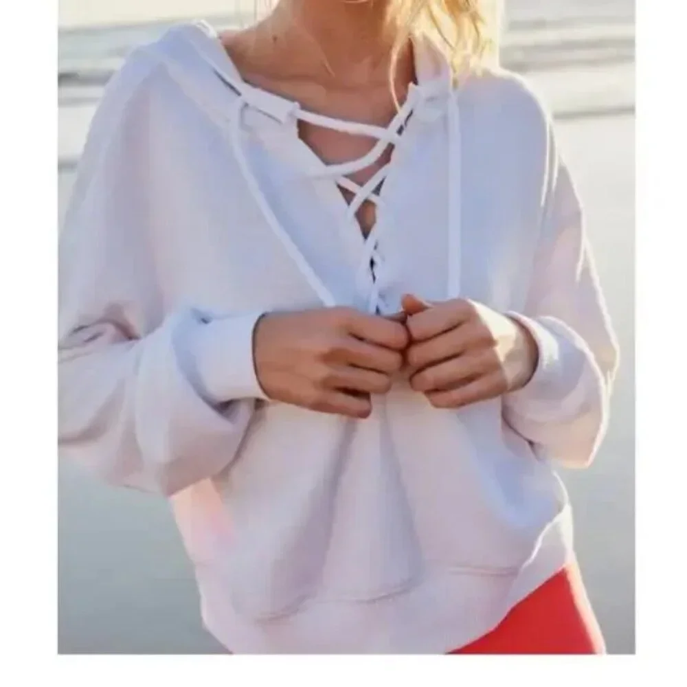 Free People Movement‎ Purple Pink Believe It Lace Up Hooded Pullover